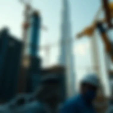 Dynamic Construction Scene of Burj Khalifa Construction site of Burj Khalifa with cranes