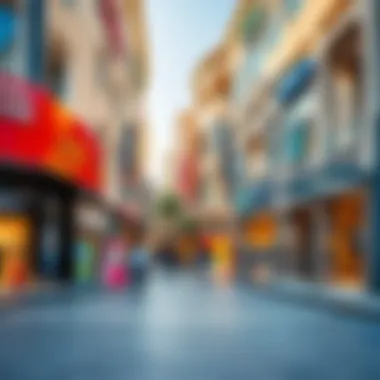 Vibrant Retail Scene in Al Barsha Retail storefronts in a bustling commercial area of Al Barsha