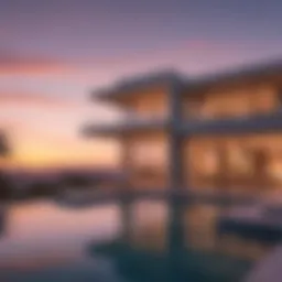 Stunning view of a luxury residence with modern architecture against a sunset backdrop