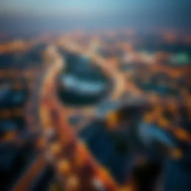 Transportation Links Around Dubai Production City Aerial view showcasing transportation links around Dubai Production City