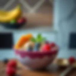 A vibrant acai bowl topped with fresh fruits and seeds