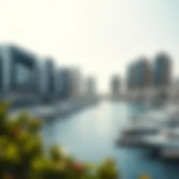 A stunning view of modern marina buildings overlooking the waterfront in Dubai