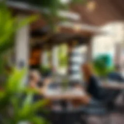 A vibrant outdoor dining scene at a Marina restaurant showcasing diverse cuisine options