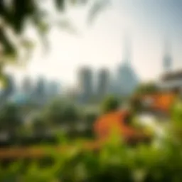 A panoramic view of Dubai Mall Park showcasing its lush greenery and modern architecture