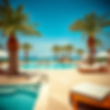 Poolside Lounge Area Luxurious poolside lounge area at Seven Palm with sun loungers and palm trees