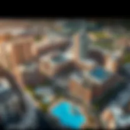 Aerial view of Motor City showcasing residential units and automotive features