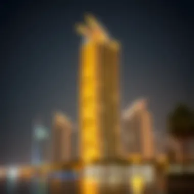 Night illuminated Palm View Tower against Dubai skyline