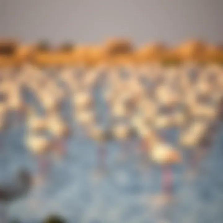 Flamingos wading through the water at Ras Al Khor Wildlife Sanctuary, highlighting its rich biodiversity.