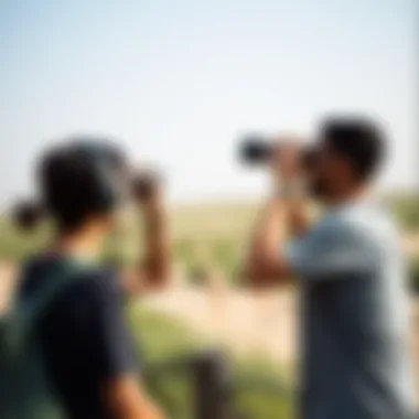 Visitors observing wildlife through binoculars at the sanctuary, emphasizing visitor engagement.