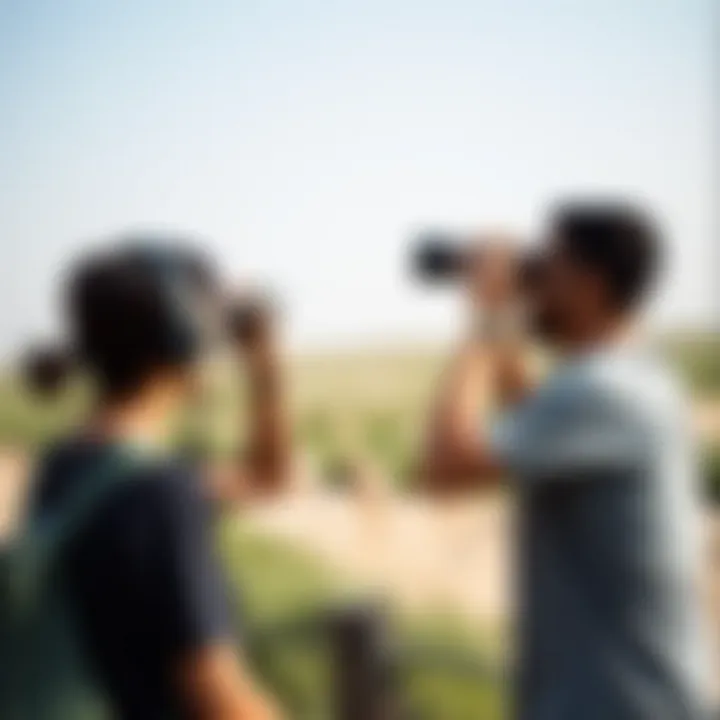 Visitors observing wildlife through binoculars at the sanctuary, emphasizing visitor engagement.