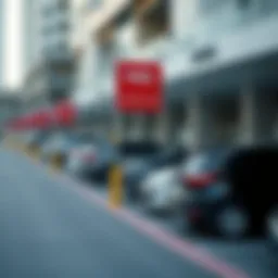A view of a free parking zone in Dubai showcasing clear signage and spacious parking slots.