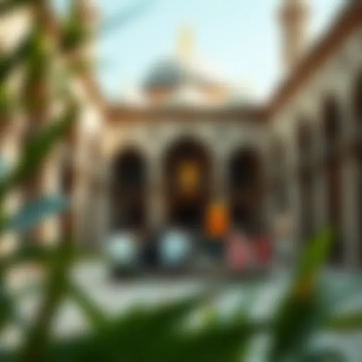 Community gathering in a mosque courtyard reflecting social interaction